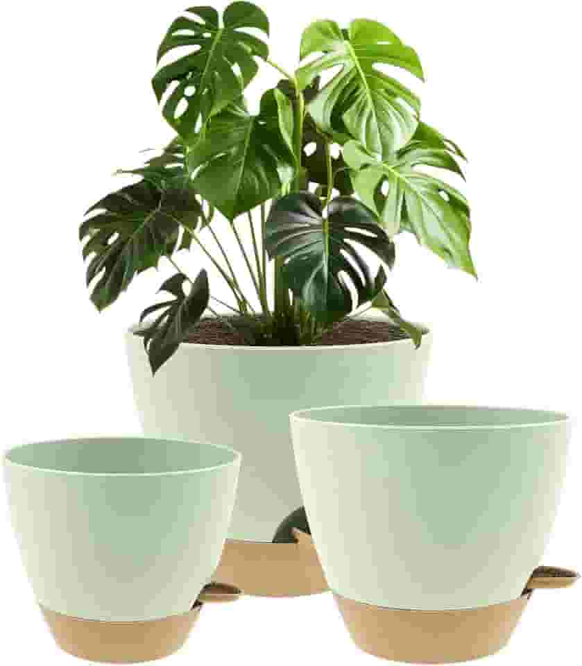 Vasos autoirrigáveis de 20/9/25 cm, vaso de flores de plástico com orifícios de drenagem, lábio de irrigação, pires removíveis, design moderno e minimalista para flores internas e externas (verde)