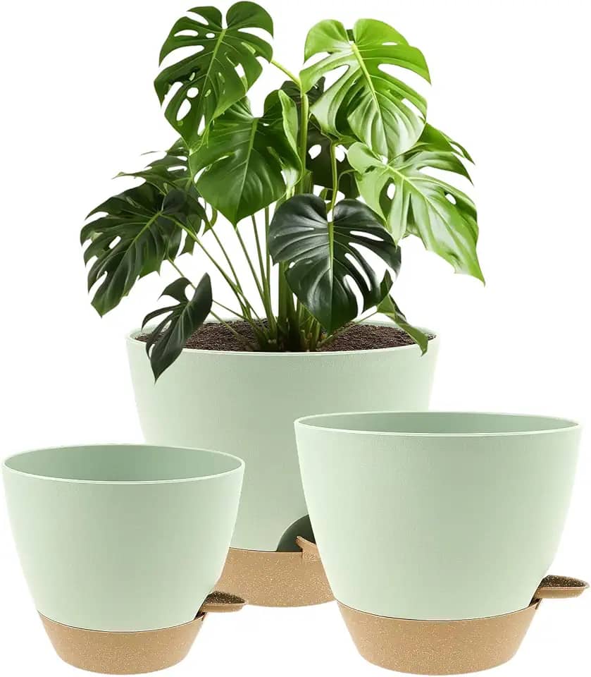 Vasos autoirrigáveis de 20/9/25 cm, vaso de flores de plástico com orifícios de drenagem, lábio de irrigação, pires removíveis, design moderno e minimalista para flores internas e externas (verde)