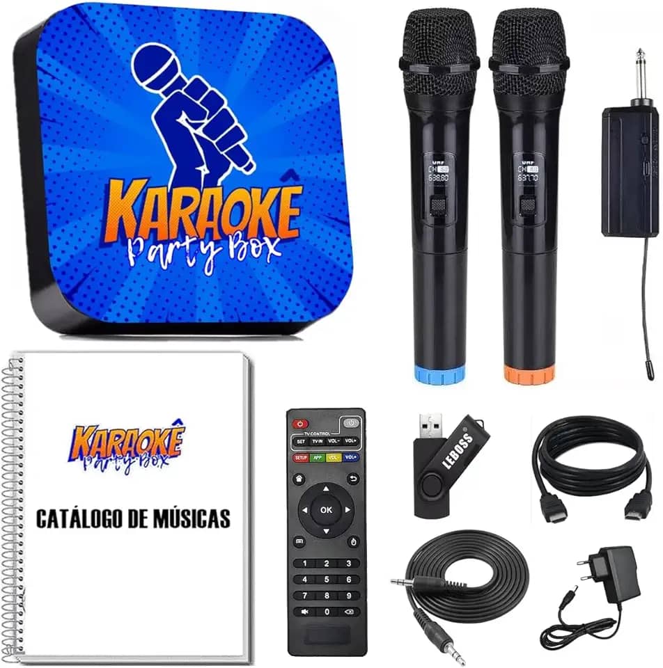 Karaoke Party Box Azul +2 Microfones Sem Fio +de 2000 Músicas +Catalogo Encadernado (Com Pontuação)(Não Precisa de Internet) ORIGINAL