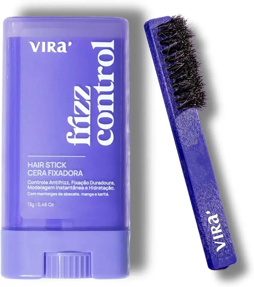 VIRÁ Frizz Control, Cera Finalizadora Hidratante Vegana, Bastão para Cabelo, Alinhamento Instantâneo, com Escova Finalizadora