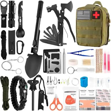Kit de Sobrevivência Tático Militar 28 em 1, Mochila MOLLE com Equipamentos de Emergência, Primeiros Socorros, Verde Militar OBA