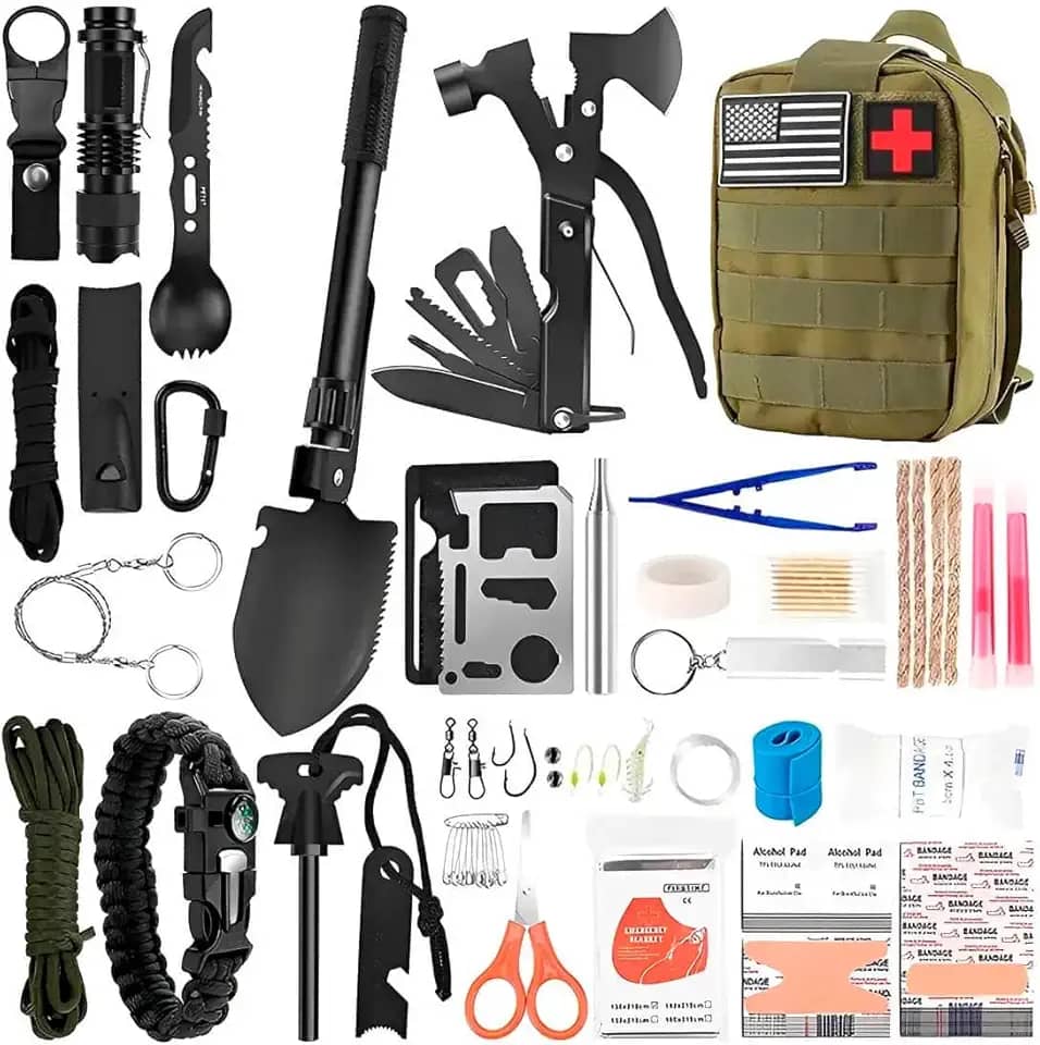 Kit de Sobrevivência Tático Militar 28 em 1, Mochila MOLLE com Equipamentos de Emergência, Primeiros Socorros, Verde Militar OBA