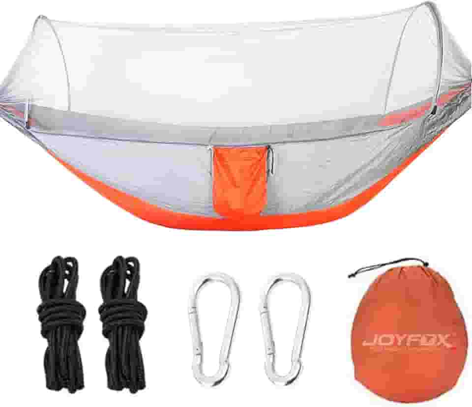 JOYFOX Rede De Dormir Camping Construção Rápida, Portátil Dobrável Rede de Árvore Acampamento (Laranja Mosquiteiros Auto)