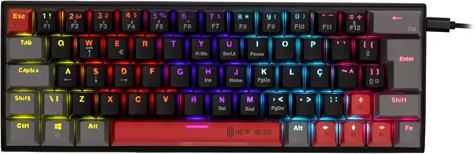 Teclado Mecânico Gamer New Hero Titan Mini 60%, RGB, Switch Blue, ABNT2, USB, Preto e Cinza