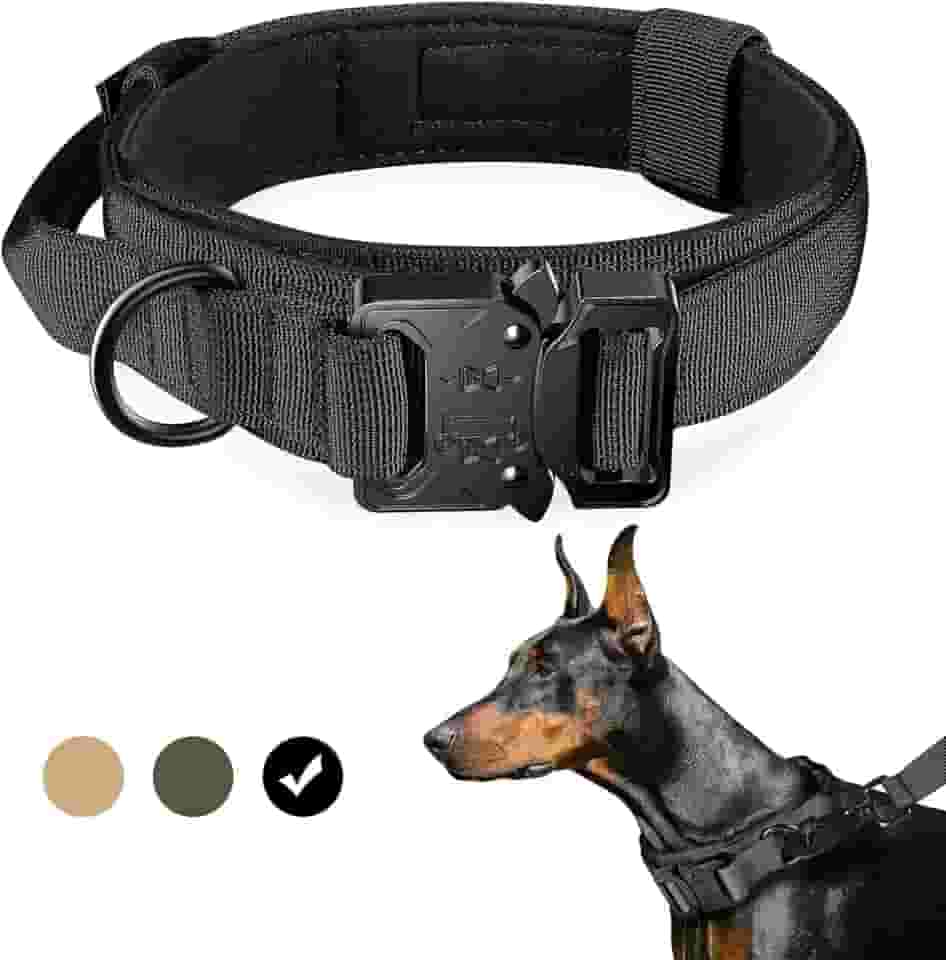 Coleira de Cachorro Tática, Coleira de Nylon para Treinamento Ajustável com Alça de Controle e Fivela de Metal Pesado para Cães Médios e Grandes, Preto(XL/Sem Guia)