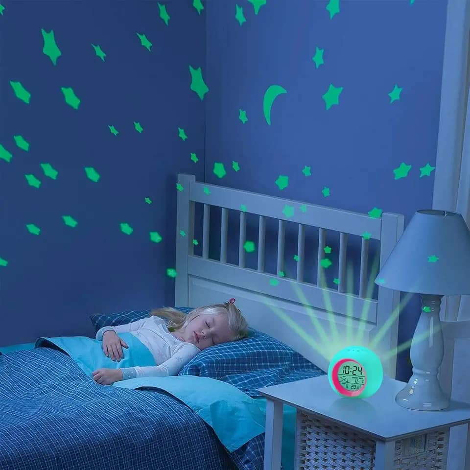 Tarklanda Despertador infantil, projetor lua estrelas despertador, luz noturna que muda de 7 cores, soneca controle de temperatura de toque para quarto de crianças, relógio digital para meninas