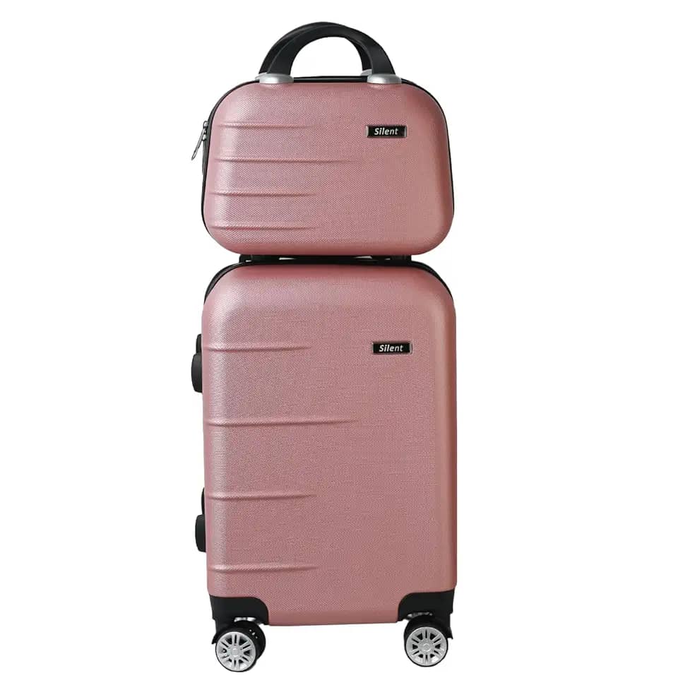 Kit Mala de Bordo Silent Ipanema + Frasqueira - Padrão ANAC | Rígida em ABS | 4 Rodas Duplas 360° | Cadeado Numérico Integrado | Leve e Resistente (Rosé Gold)