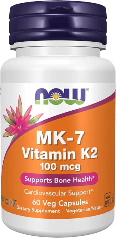 Suplementos NOW, vitamina K2 MK7 100 µg, auxílio cardiovascular*, auxilia na saúde óssea*, 60 cápsulas veganas