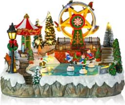 MUMTOP Parque de diversões Christmas Village com patinadores em movimento, carrossel animado iluminado e roda-gigante com música para decoração de mesa de Natal em ambientes internos
