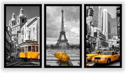 Kit 3 Quadros Decorativos Grandes COM MOLDURA Cidades do Mundo Amarelo