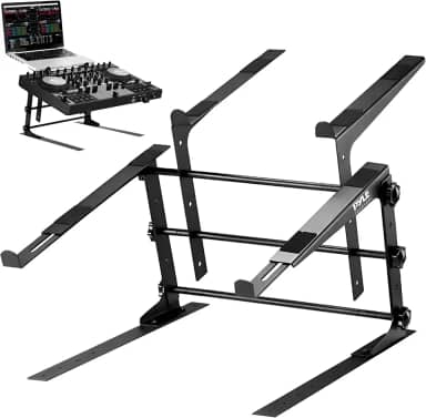 Pyle Suporte portátil duplo para laptop – mesa de pé com altura ajustável, design ergonômico e pinos antiderrapantes para mixer DJ, equipamento de som, estação de trabalho, jogos e uso doméstico – PLPTS38, preto
