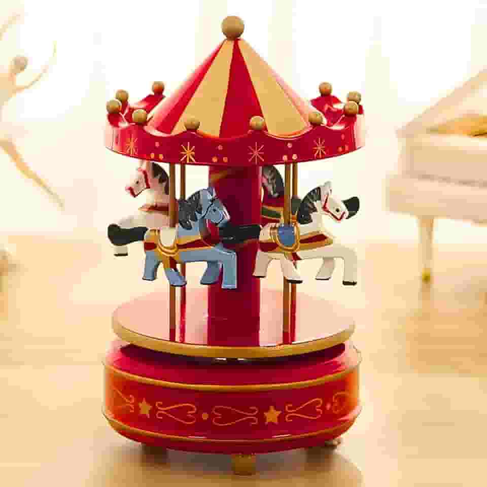 Carrossel Musical Vermelho e Dourado – Caixinha de Música de Corda com 4 Cavalinhos Giratórios | Enfeite de Natal e Presente retrô e clássico