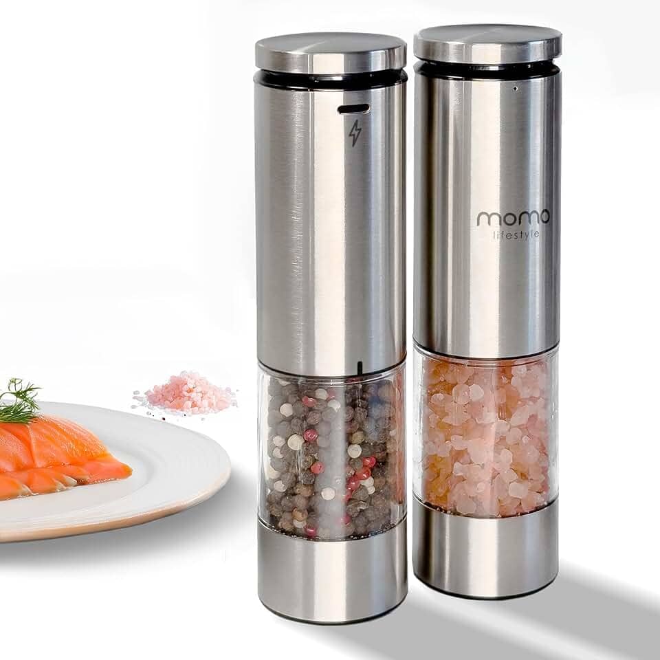 Momo Lifestyle Conjunto Moedores de Sal e Pimenta Elétrico Recarregável GrindWiz, Automático, Moagem Ajustável, Aço Inox, Luz de LED, Ideia de Presente, Bivolt (110V/220V)