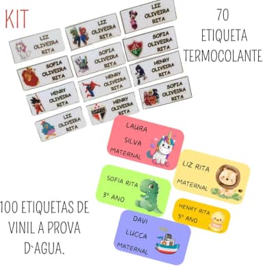 Kit De Etiquetas Personalizadas para Material Escolar E Roupas - Vinil À Prova D'água + Tecido Terrmocolante Tamanhos Variados Para Canetas, Lápis, Cadernos, Livros, Garrafas, Roupas, etc.