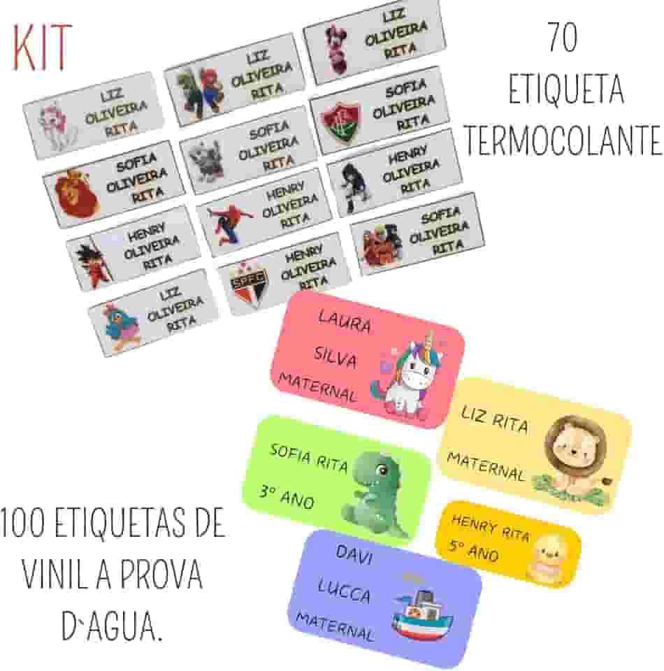 Kit De Etiquetas Personalizadas para Material Escolar E Roupas - Vinil À Prova D'água + Tecido Terrmocolante Tamanhos Variados Para Canetas, Lápis, Cadernos, Livros, Garrafas, Roupas, etc.
