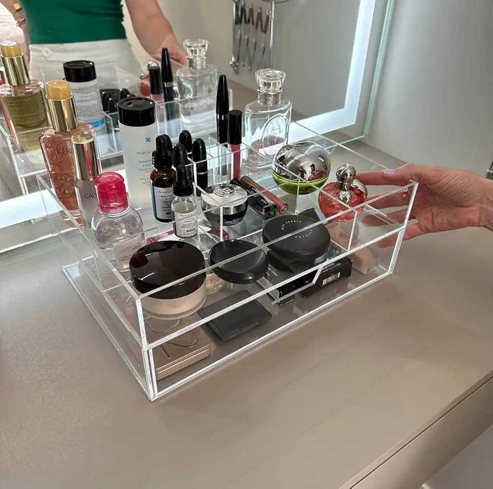Caixa Organizadora Porta Maquiagem em Acrílico com divisórias internas e Gaveta Transparente