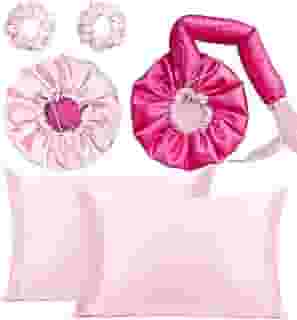Kit Touca Difusora Dupla + Touca Dormir + 2 Fronhas + 2 Xuxinhas (Pink/Rosa)
