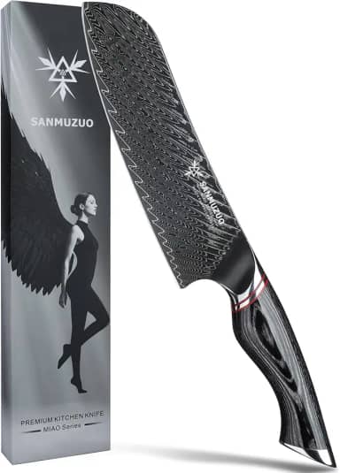 SANMUZUO Faca Santoku Japonesa de 18 cm - Faca do Chef - Aço Damasco Preto com Cabo Ergonômico - Série Miao