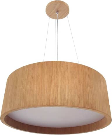 Lustre Pendente Redondo em Madeira - Luminária de Uso Interno Residencial e Comercial - Tamanhos: 25 a 60cm Cores: Freijó ou Imbuia Málaga - Bivolt 110/220V (Freijó (tom claro), 40x15cm)