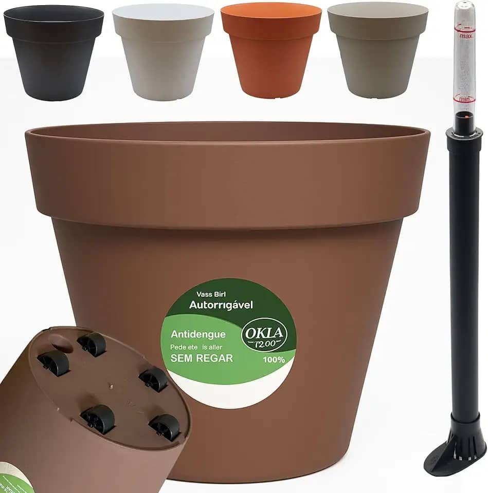 Kit Vaso Bari Autoirrigável com Rodas e Indicador de Nível de Água – Antidengue, Até 15 Dias Sem Regar, Praticidade Total, Economia de Tempo e Água, Sustentável (Tabaco)