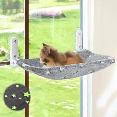 Zoratoo Poleiro De Janela Para Gatos, Cama De Rede Dobrável Sem Fio Que Brilha No Escuro Para Gatos Com Estrutura De Metal Resistente, Assento De Descanso De Janela Com Padrão De Estrelas Brilhante