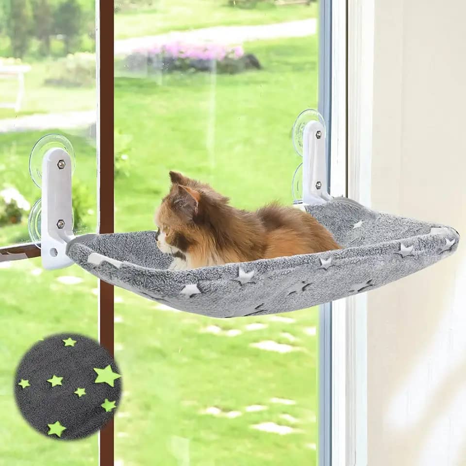 Zoratoo Poleiro De Janela Para Gatos, Cama De Rede Dobrável Sem Fio Que Brilha No Escuro Para Gatos Com Estrutura De Metal Resistente, Assento De Descanso De Janela Com Padrão De Estrelas Brilhante