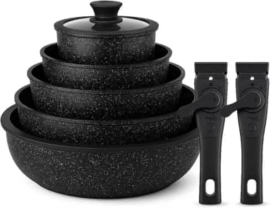 UCC Life Conjunto de Panelas 7 Peças Revestimento Granito Preto Alças Removíveis Compatível com Todos os Fogões