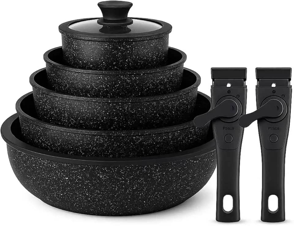 UCC Life Conjunto de Panelas 7 Peças Revestimento Granito Preto Alças Removíveis Compatível com Todos os Fogões