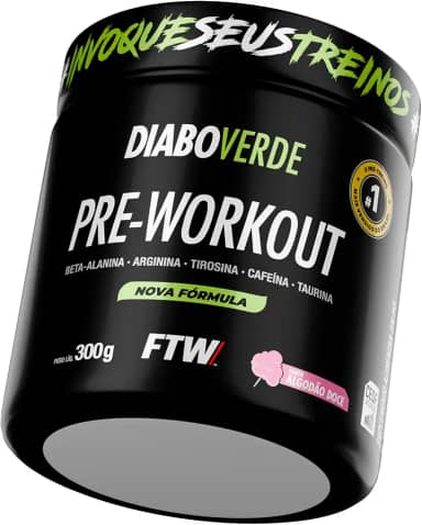 FTW Pré-Treino Diabo Verde em Pó com Cafeína, Aminoácidos Beta‑Alanina e Arginina para Treinos e Atividades Físicas - Pote 300 g (Algodão Doce)