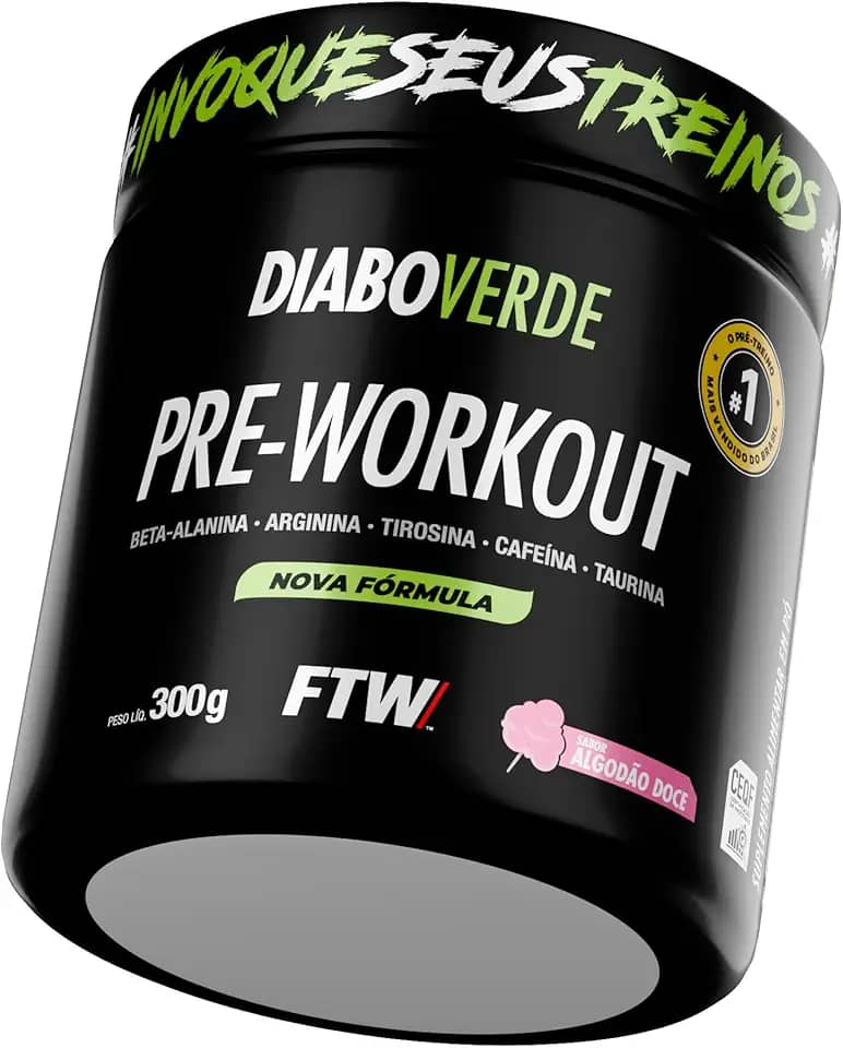 FTW Pré-Treino Diabo Verde em Pó com Cafeína, Aminoácidos Beta‑Alanina e Arginina para Treinos e Atividades Físicas - Pote 300 g (Algodão Doce)