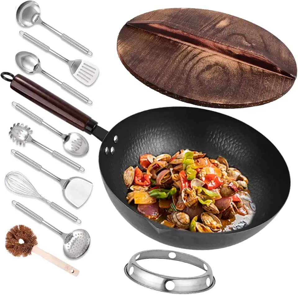 Leidawn Wok de aço carbono de 32,5 cm - 11 frigideiras e frigideiras com tampa, woks chineses sem revestimento químico com 10 acessórios de panela, wok de fundo plano para fogões elétricos, de indução