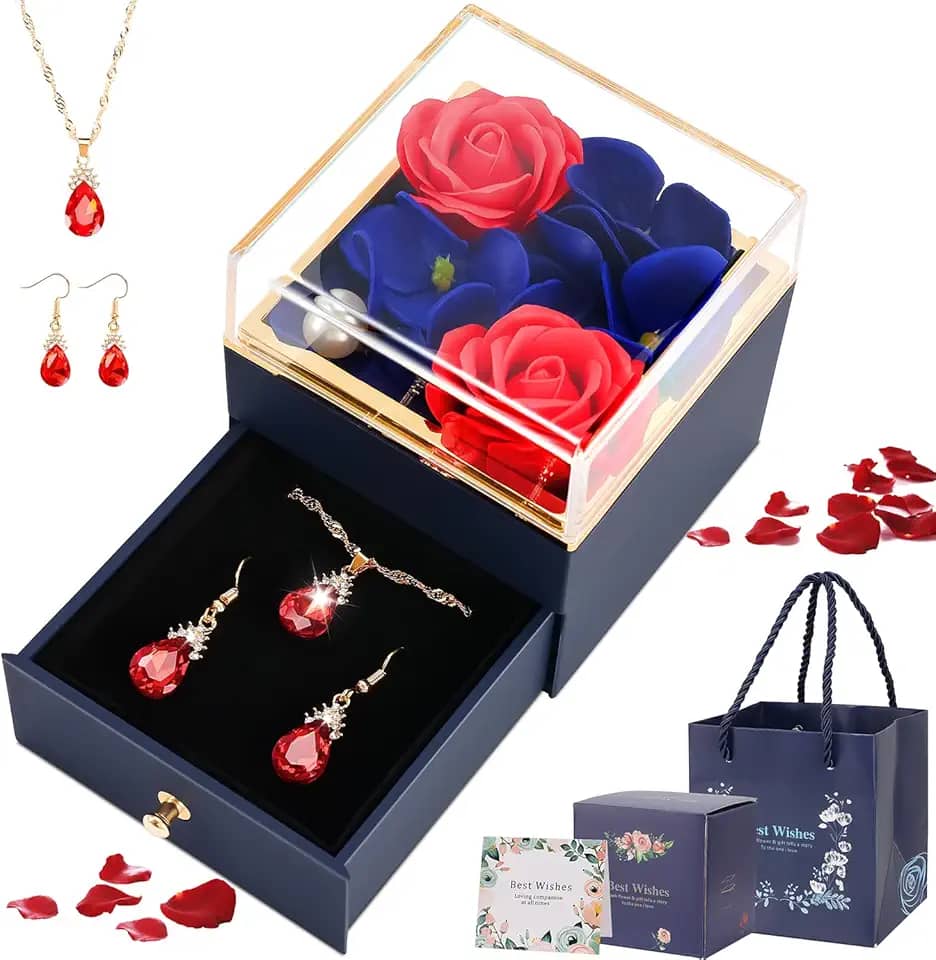 Caixa Rotativa Rosa Eterna, Presente Mulher, com Colar E Brincos para Caixa de Presente de Joias Flor de Rosa, Presente Feminino, Rosa Eterna, Colar Feminino, Presente para Mãe