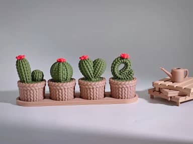 Conjunto Decorativo de Cactos, Verde e Rosa, 4 Vasos com Base, Estilo Love, Decoração para Casa