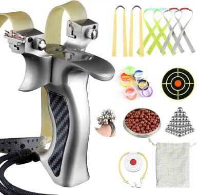 Catch&Hunt Estilingue profissional de metal para caça e tiro ao ar livre para adultos, munição de argila e metal, elásticos espessos, alvo