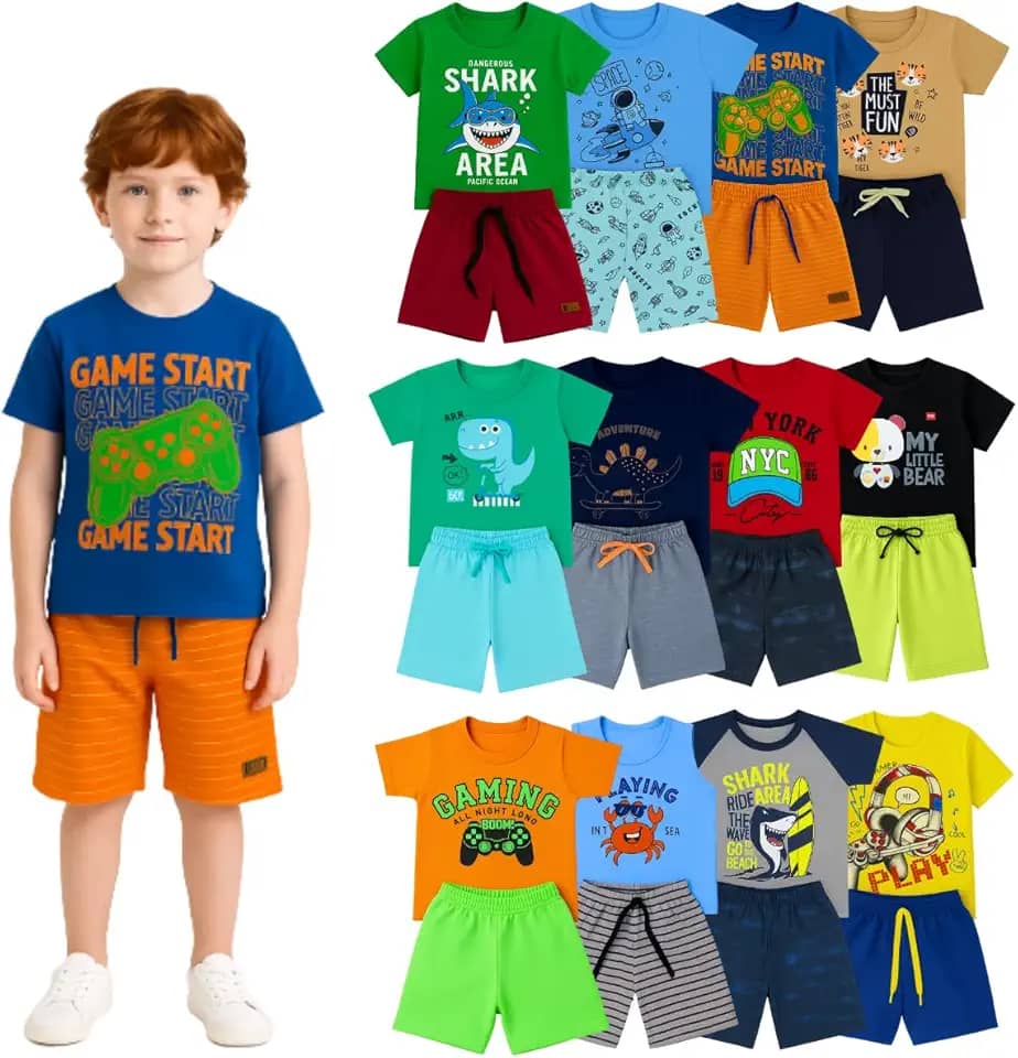 Kit 10 Peças Roupas Infantil Menino – Conjuntos de Verão com Camisetas e Bermudas, Leves e Confortáveis, Moda Infantil para Brincar e Passear 1 A 8 Anos