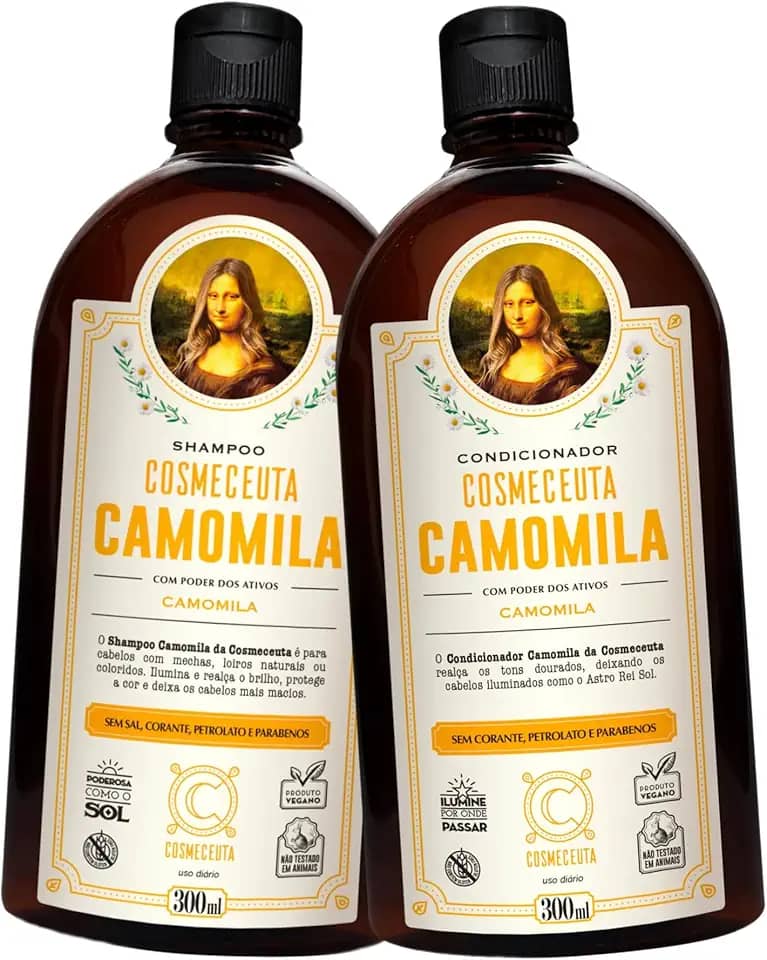 Kit Shampoo e Condicionador Veganos COSMECEUTA Camomila – Realce dos Tons Dourados, Brilho e Maciez para Cabelos Loiros Naturais, Tingidos e com Mechas – 2x300ml