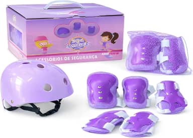 Kit de Proteção Infantil com Capacete, Joelheiras, Cotoveleiras e Munhequeiras, Violeta, Ajustável, para Patins, Bicicleta, Skate