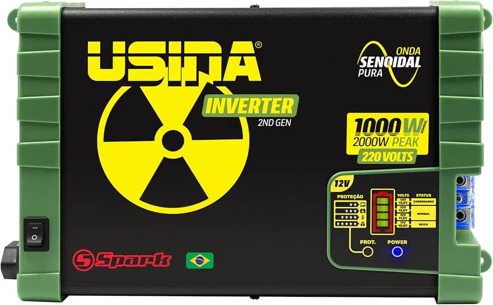 USINA Inversor 1000W Onda Senoidal Pura, Off-Grid, Entrada 12VDC, Saída 220VAC, Pico 2000W