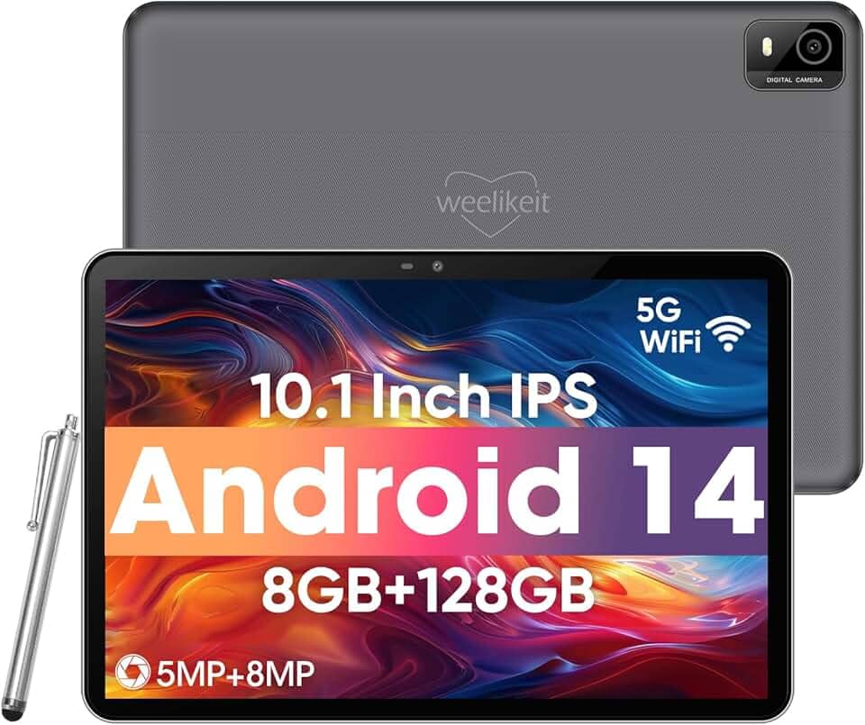 weelikeit Tablet Android, tablet de 10,1 polegadas com tela sensível ao toque HD de 1280 x 800 IPS, 8 GB de RAM + 128 GB de ROM (até 1 TB), bateria de 6000 mAh, Wi-Fi 5 G, Bluetooth 5.0, câmera dupla