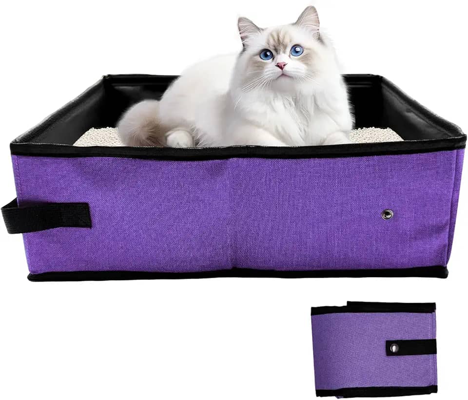 Caixa de areia dobrável de viagem para gatos, caixa de areia portátil à prova d'água, dobrável, 30 x 29 x 9 cm, suprimentos para gatos de viagem e acampamento - roxo