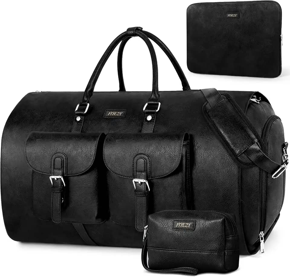 Bolsa De Vestuário Para Viagem De Couro Conversível Para Transporte De Vestuário Bolsa De Viagem Grande À Prova D'Água Bolsa De Fim De Semana 2 Em 1 Mala Pendurada Conjunto De 3 Peças 3-Preto
