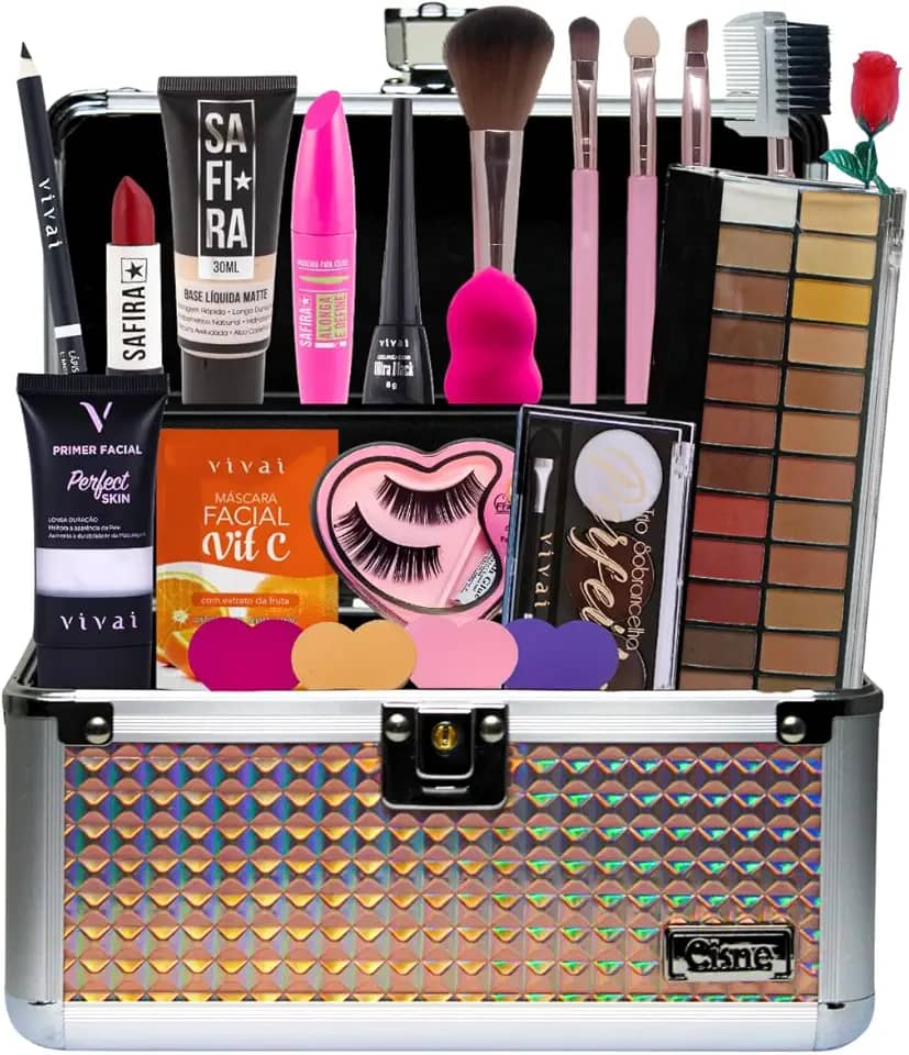 Maleta de Maquiagem Completa com 13 Itens Profissionais Estojo Elegante em Metal Paleta de Sombras Pincéis Cílios Base Premium Top Exclusiva Beleza Sagaro (PELE MORENA)