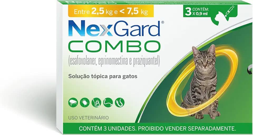 Nexgard COMBO Antipulgas e Sarna e Vermífugo para Gatos de 2,5kg a 7,5 kg - 3 aplicadores