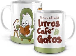 Caneca de Cerâmica Livros, Café e Gatos, Design Gatinho Leitor, Branca e Verde, 325ml (1, Branca)