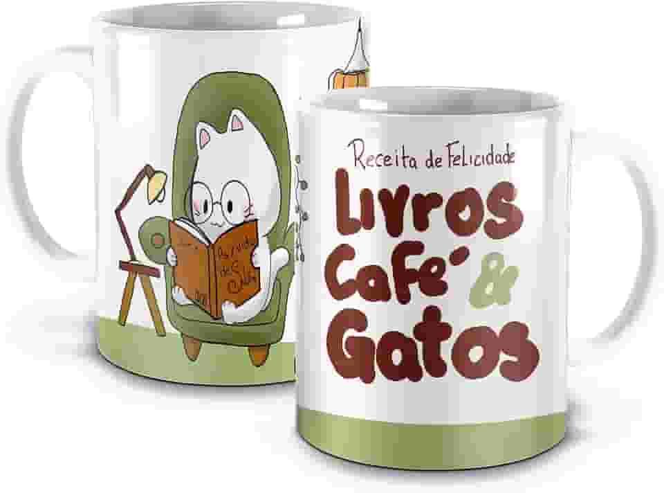 Caneca de Cerâmica Livros, Café e Gatos, Design Gatinho Leitor, Branca e Verde, 325ml (1, Branca)