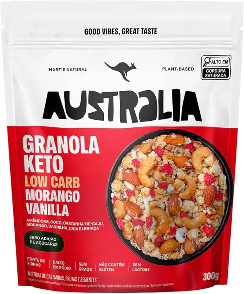 Hart's Natural Granola Australia Keto Low Carb Morango e Baunilha - Granola Sem Açucar, Sem Lactose, Sem Glúten, Vegano - 100% Natural - Alto em Fibras - 300g