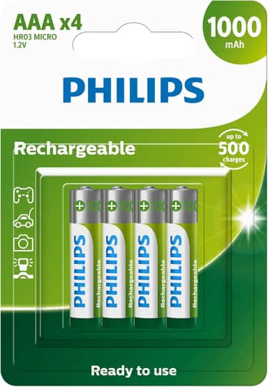 Pilha recarregável AAA 1.2V 1.000mAh, PHILIPS, padrão, R03B4RTU10/59