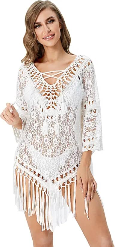 Saída de praia feminina de crochê com bainha com franjas vazada manga 3/4