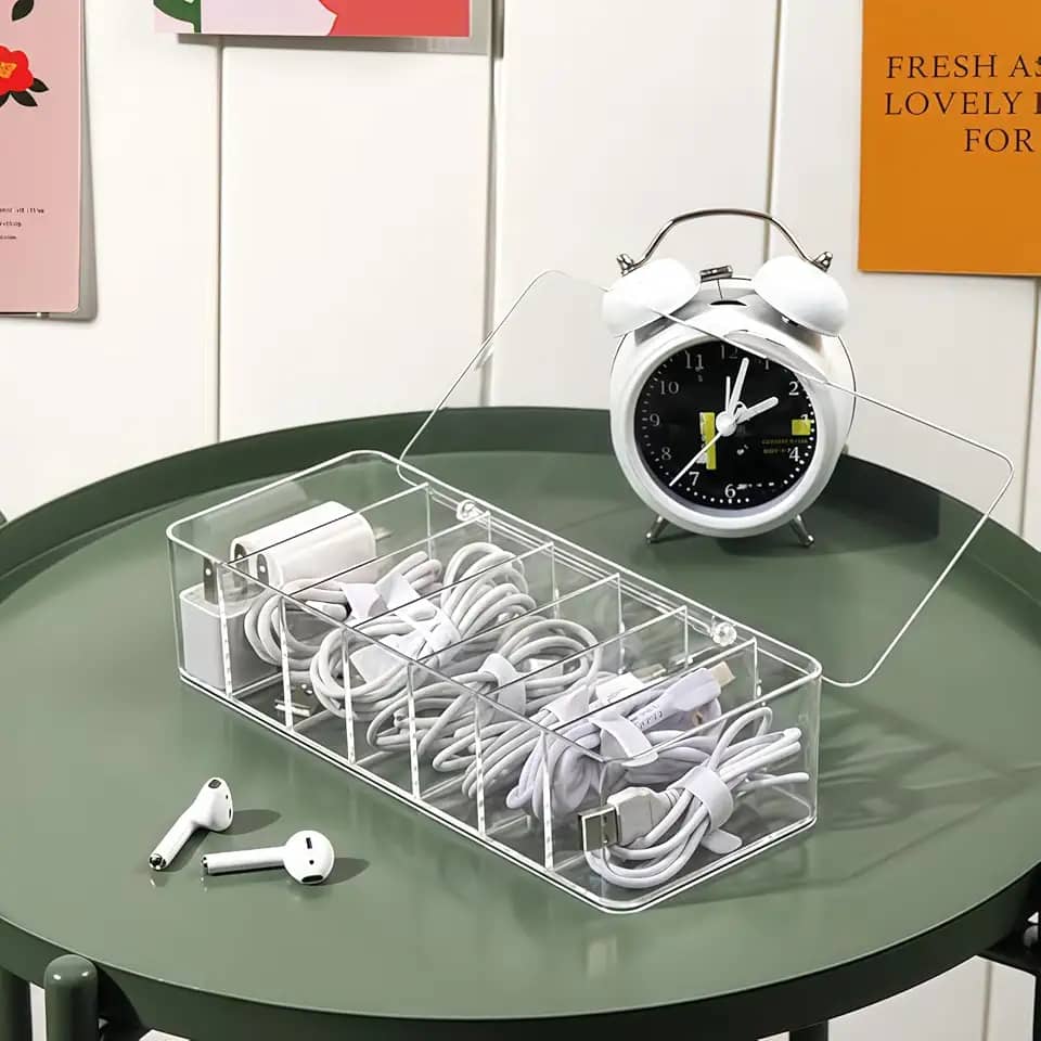 Organizador de cabos transparente com 7 compartimentos, caixa de gerenciamento de cabos de plástico organizador de cabos para mesa, escritório em casa