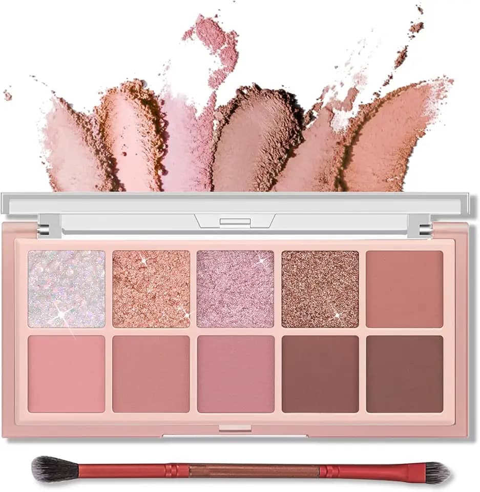 Erinde Paleta de sombras de 10 cores – Sombra fosca com glitter, maquiagem coreana de aparência natural, ultra-misturável, pigmentada, paleta de sombras de Natal rosa com pincel, rosa rosa